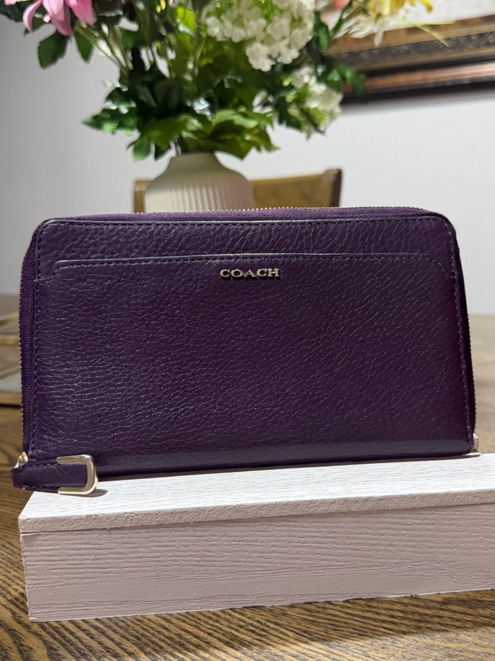 Coach Plum Pebbled Leather Zip Wallet with Gold Hardware